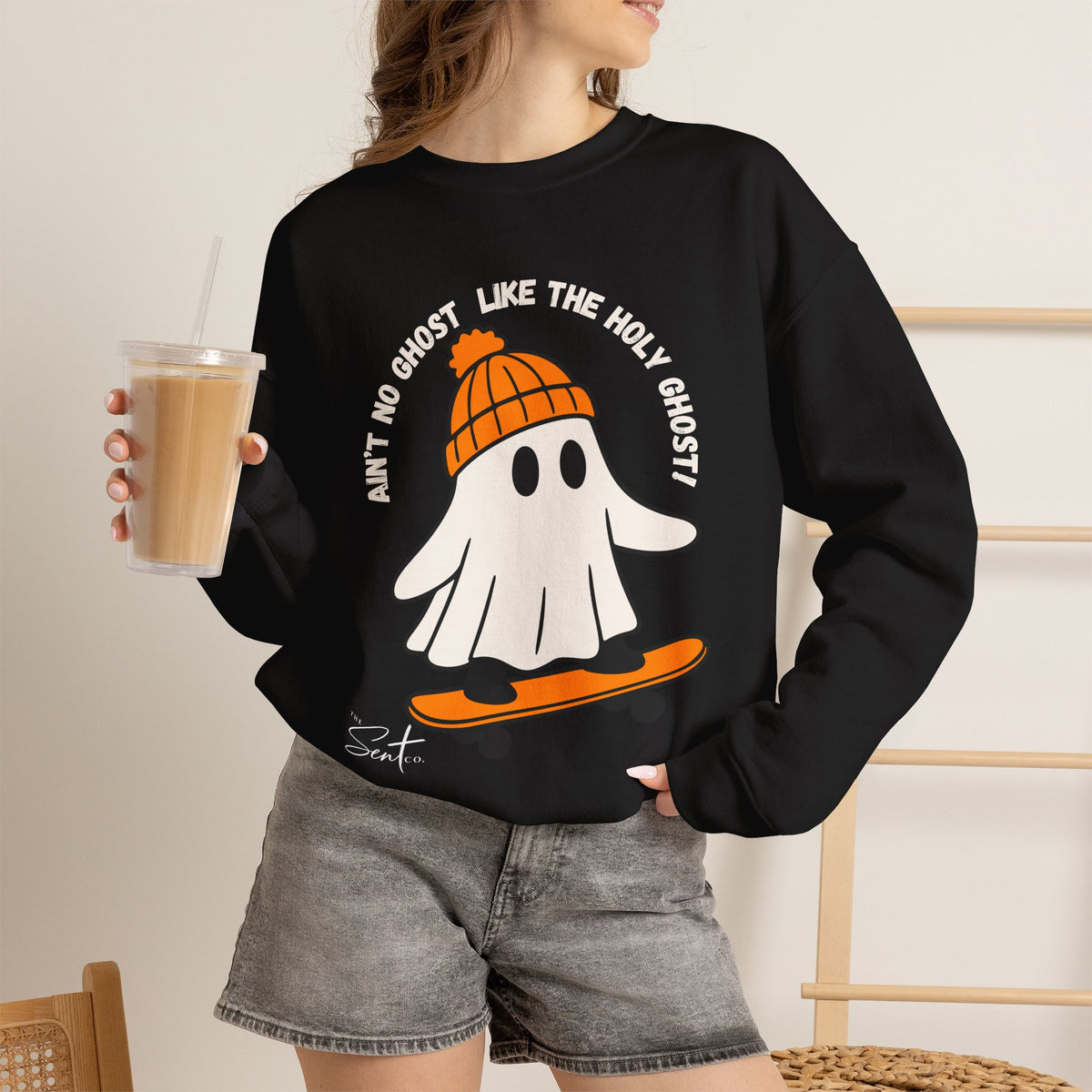 Ghost Skateboarder Sweatshirt — "Ain't No Ghost Like The Holy Ghost" Cozy Crewneck