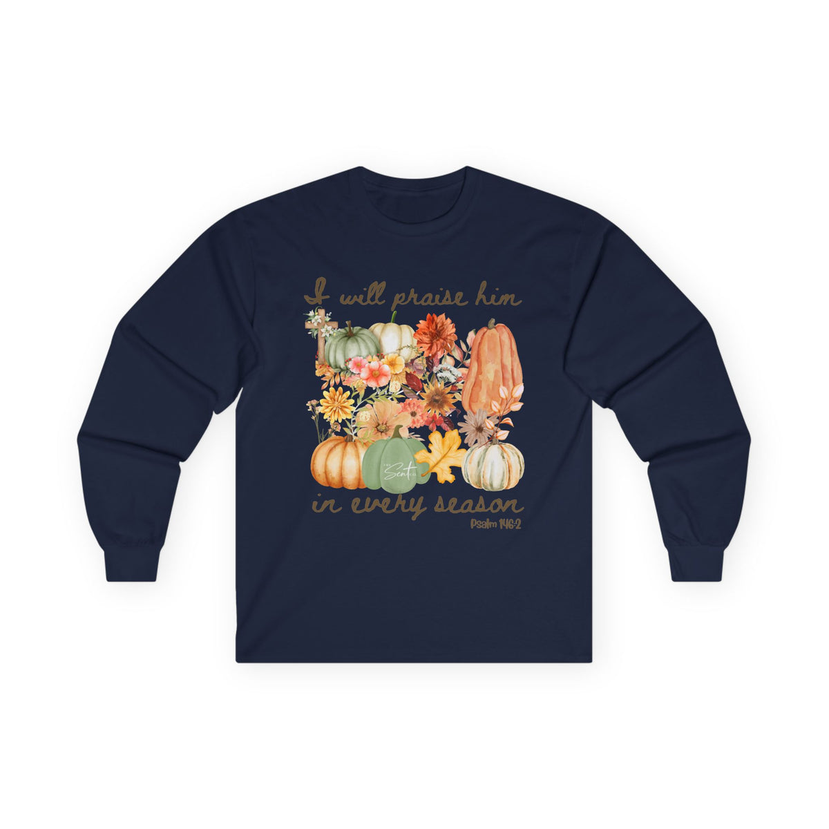 Praise Him in Every Season Long Sleeve Tee — Fall Pumpkin Floral Faith Shirt