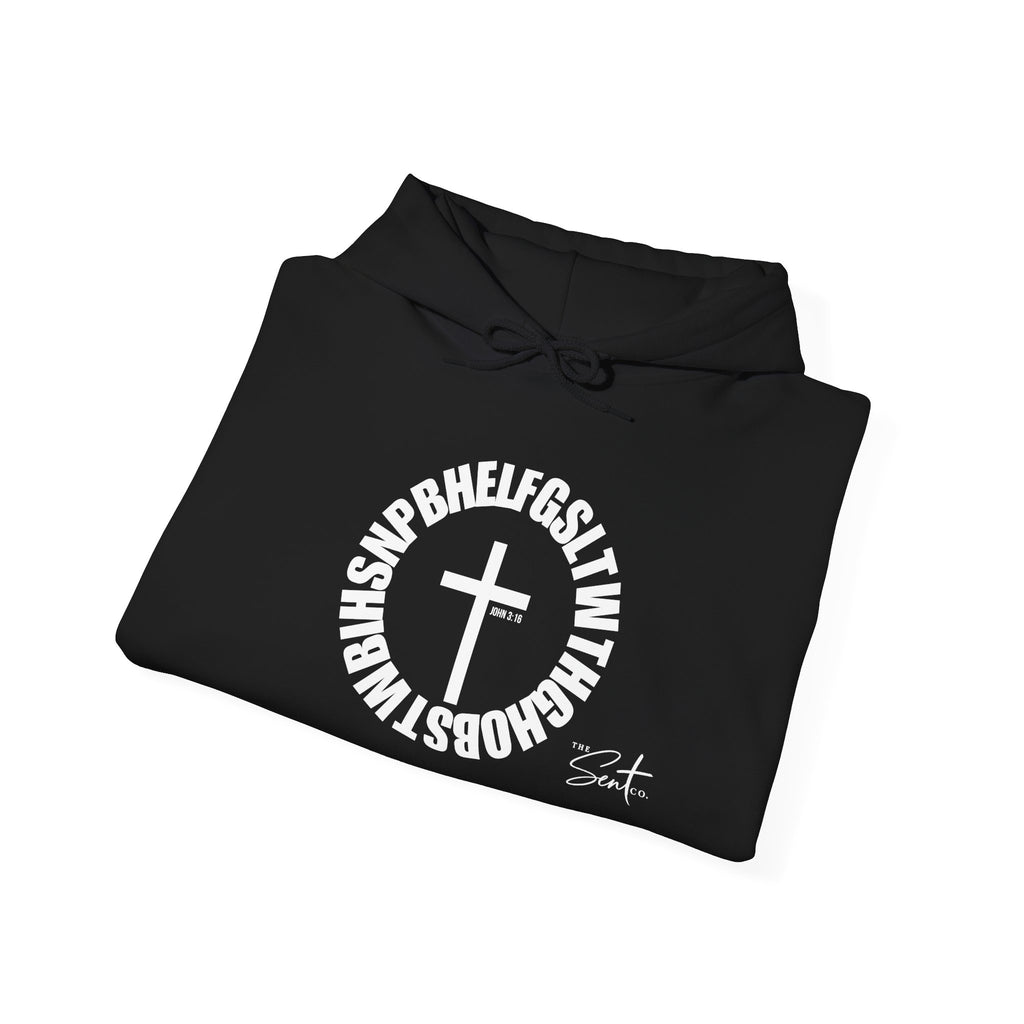 John 3:16 Cross Circle Hoodie — Faith Script Religious Pullover