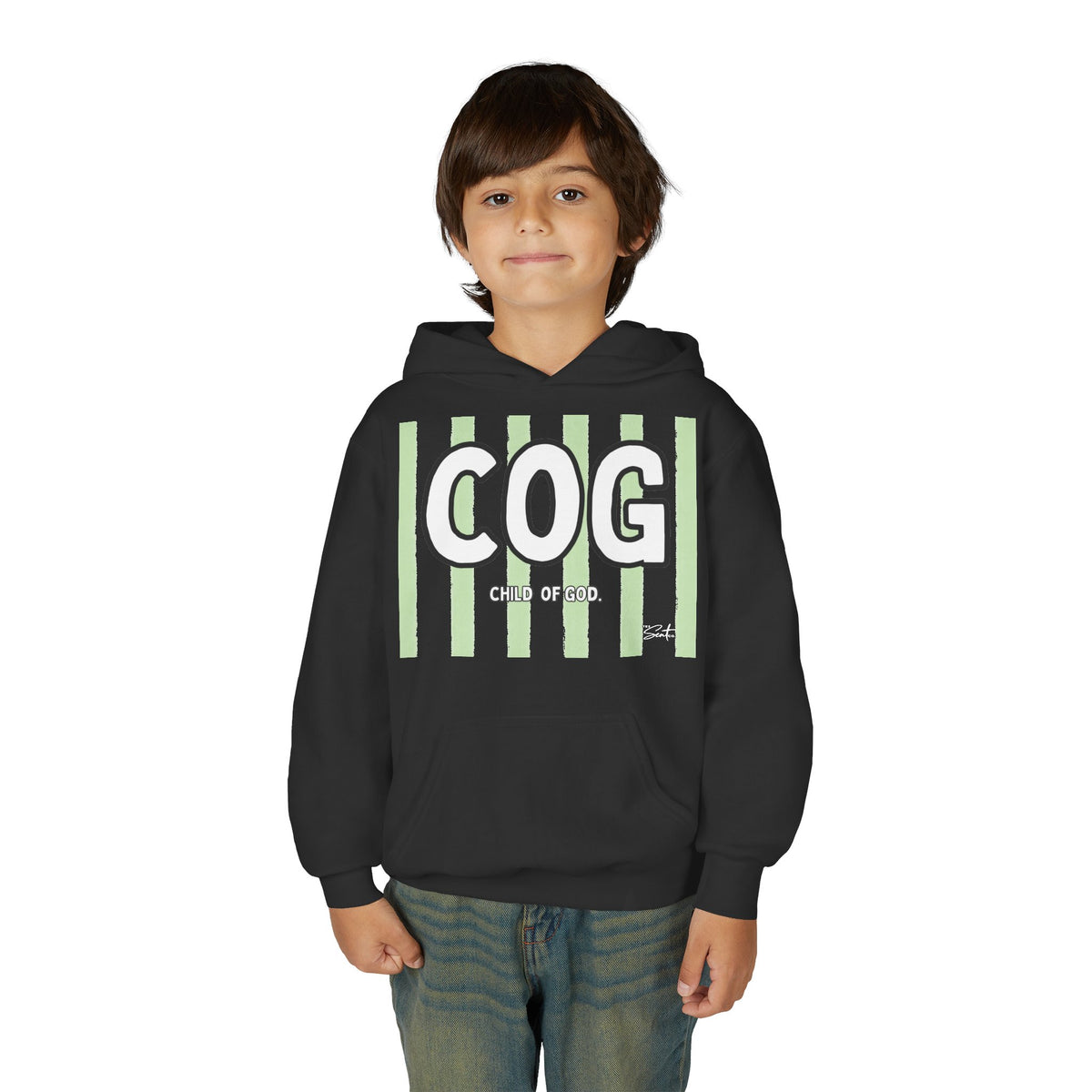 COG "Child of God" Youth Hoodie — Green Stripe Faith Sweatshirt