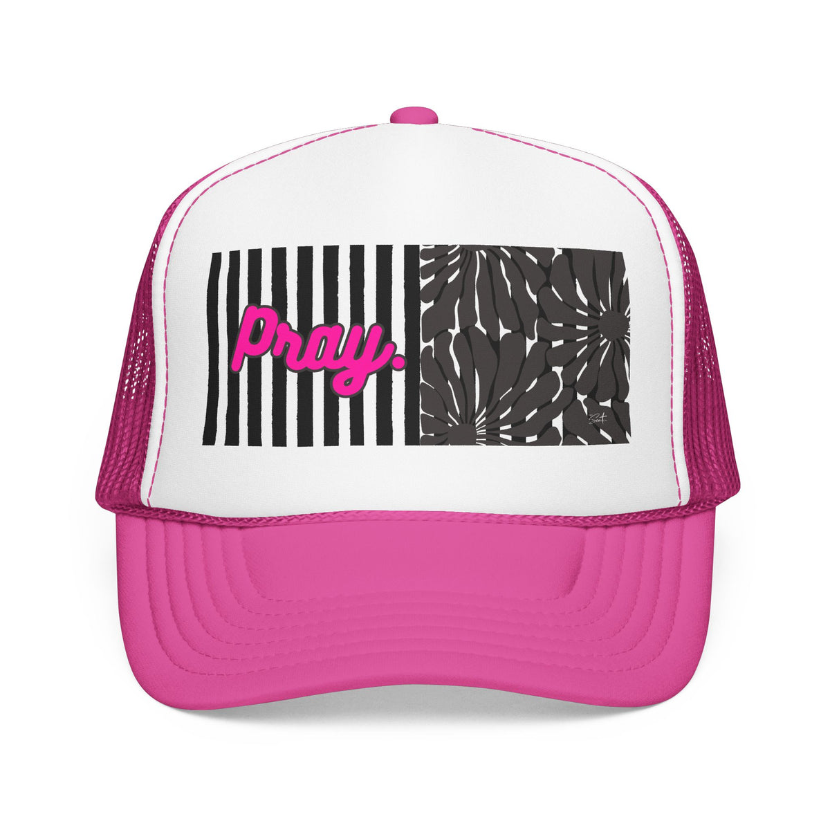 Pray Pink Patch Trucker Hat — Black Foam Mesh Cap with Stripes & Floral Blocks
