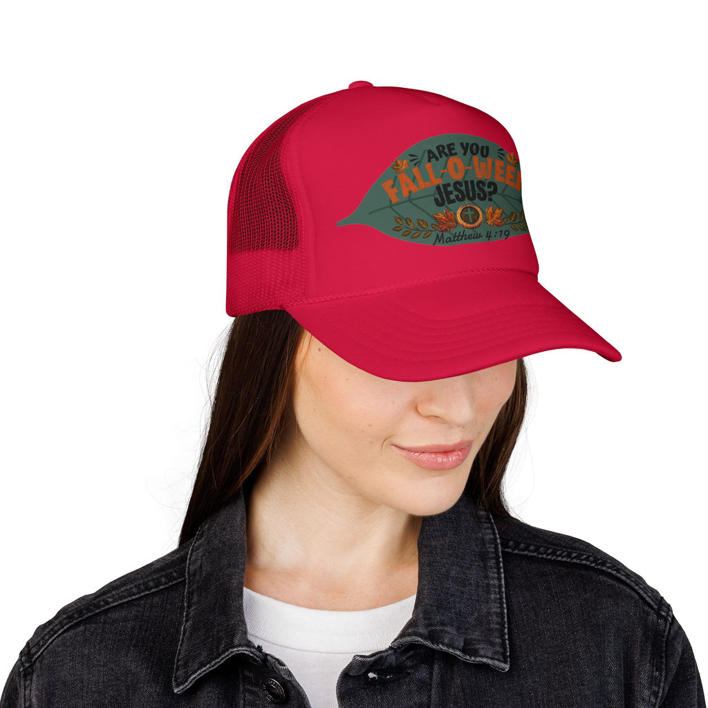 Are You Fall-O-Ween Jesus? Foam Trucker Hat – Christian Fall Pumpkin Scripture (Matthew 4:19)