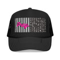 Pray Pink Patch Trucker Hat — Black Foam Mesh Cap with Stripes & Floral Blocks