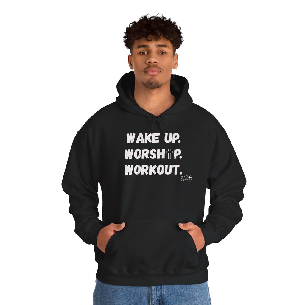 Wake Up. Worship. Workout. Hoodie — Faith & Fitness Motivational Pullover