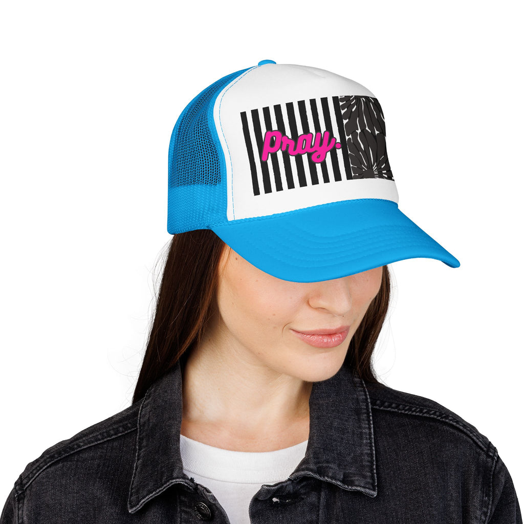 Pray Pink Patch Trucker Hat — Black Foam Mesh Cap with Stripes & Floral Blocks
