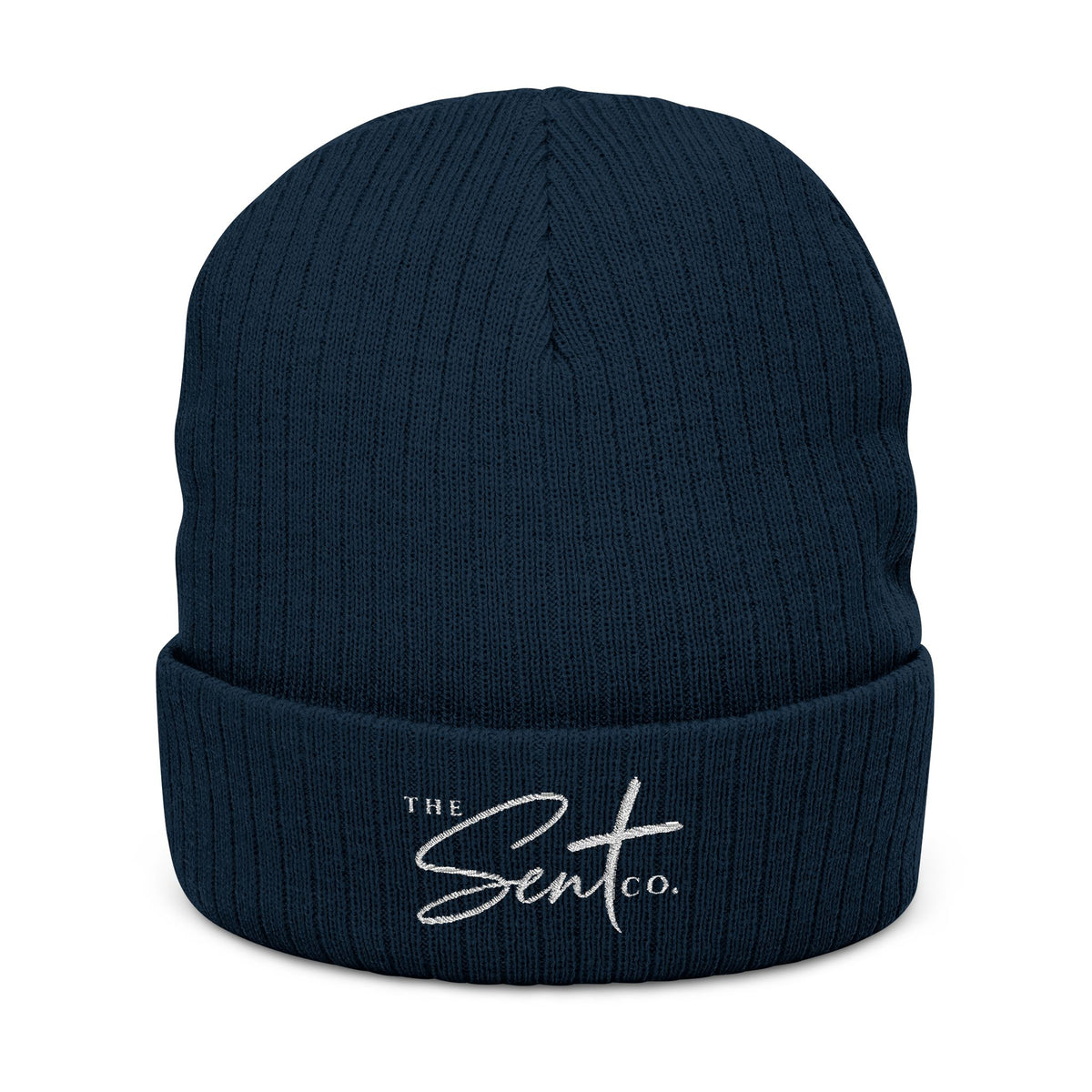 Embroidered Ribbed Beanie — 'The Sent Co.' Script Logo Knit Cap