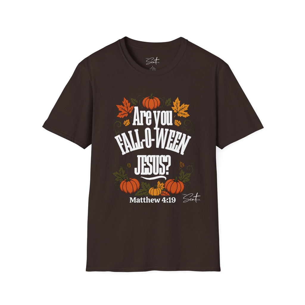 Christian Halloween T-Shirt – “Are You Fall-o-ween Jesus? Matthew 4:19” Autumn Pumpkin Tee