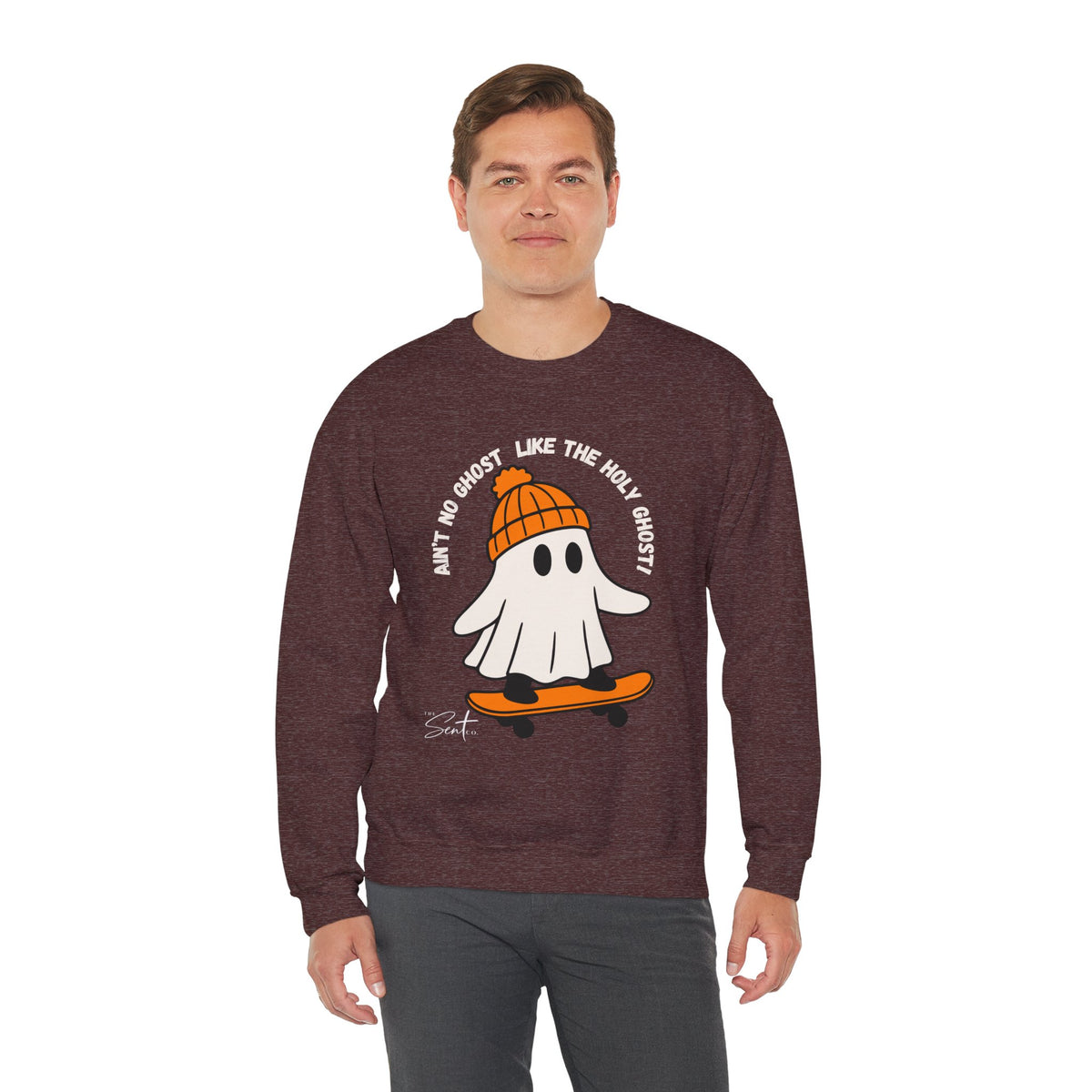 Ghost Skateboarder Sweatshirt — "Ain't No Ghost Like The Holy Ghost" Cozy Crewneck