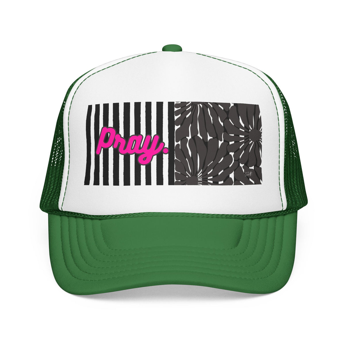 Pray Pink Patch Trucker Hat — Black Foam Mesh Cap with Stripes & Floral Blocks