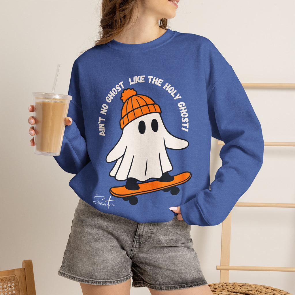 Ghost Skateboarder Sweatshirt — "Ain't No Ghost Like The Holy Ghost" Cozy Crewneck