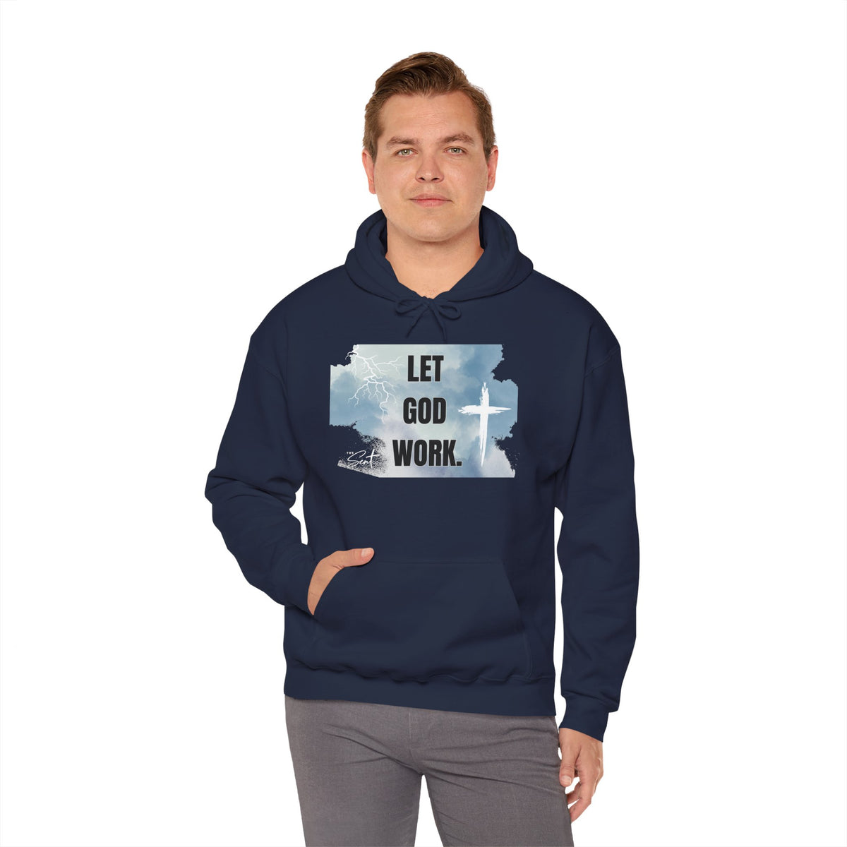 Let God Work. Hoodie — Faith Script Religious Pullover