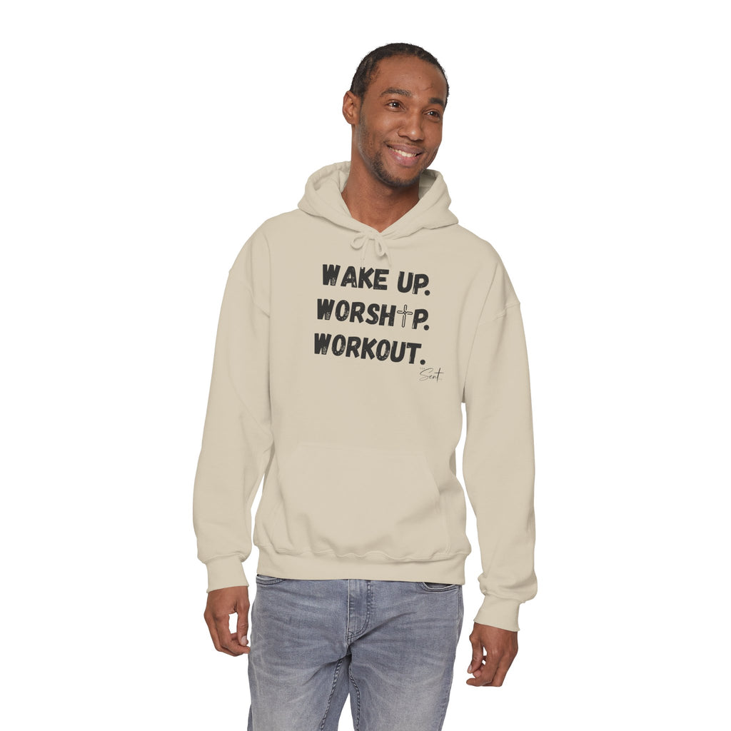 Wake Up. Worship. Workout. Hoodie — Faith & Fitness Motivational Pullover
