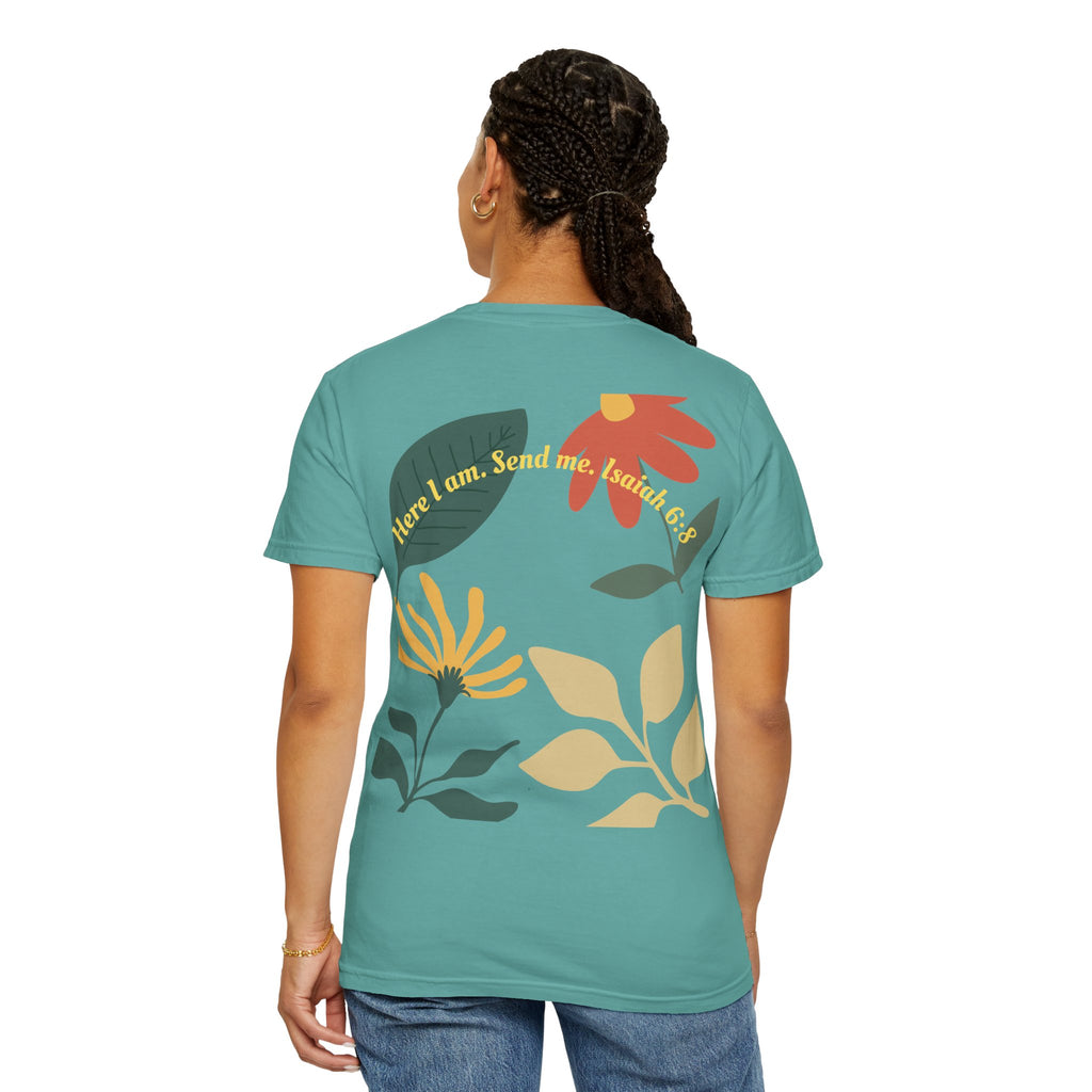 Floral Script Tee -"Here I am. Send me." Isaiah 6:8 (Back Print) The  Sent Co. (Front Print)