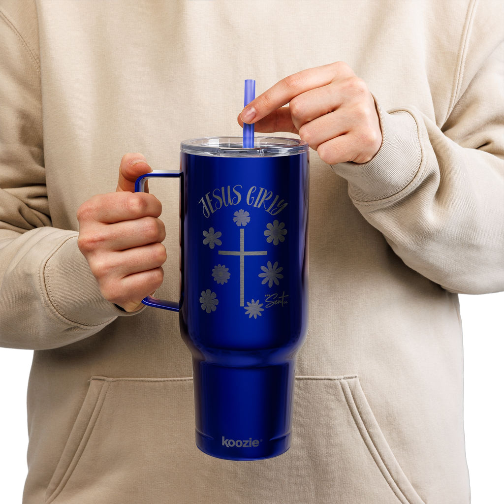 40oz Engraved Tumbler with Lid — “Jesus Girl” Floral Cross Stainless Travel Cup