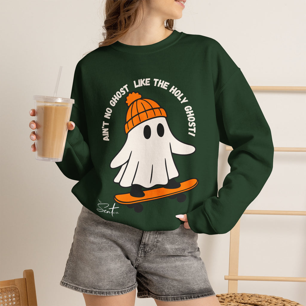 Ghost Skateboarder Sweatshirt — "Ain't No Ghost Like The Holy Ghost" Cozy Crewneck