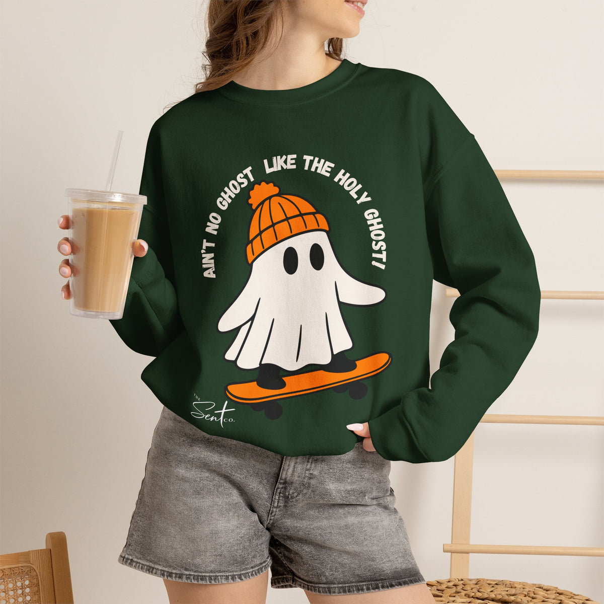 Ghost Skateboarder Sweatshirt — "Ain't No Ghost Like The Holy Ghost" Cozy Crewneck