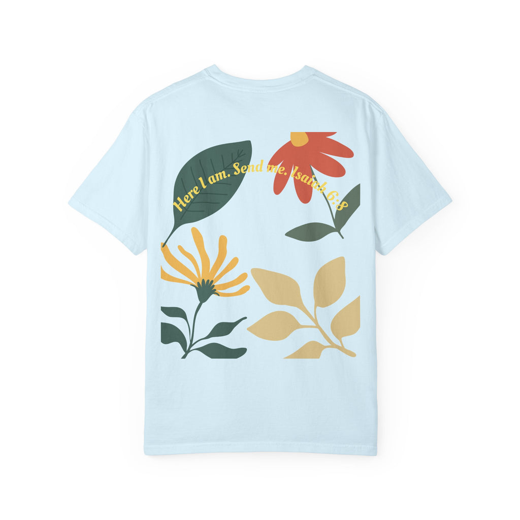 Floral Script Tee -"Here I am. Send me." Isaiah 6:8 (Back Print) The  Sent Co. (Front Print)