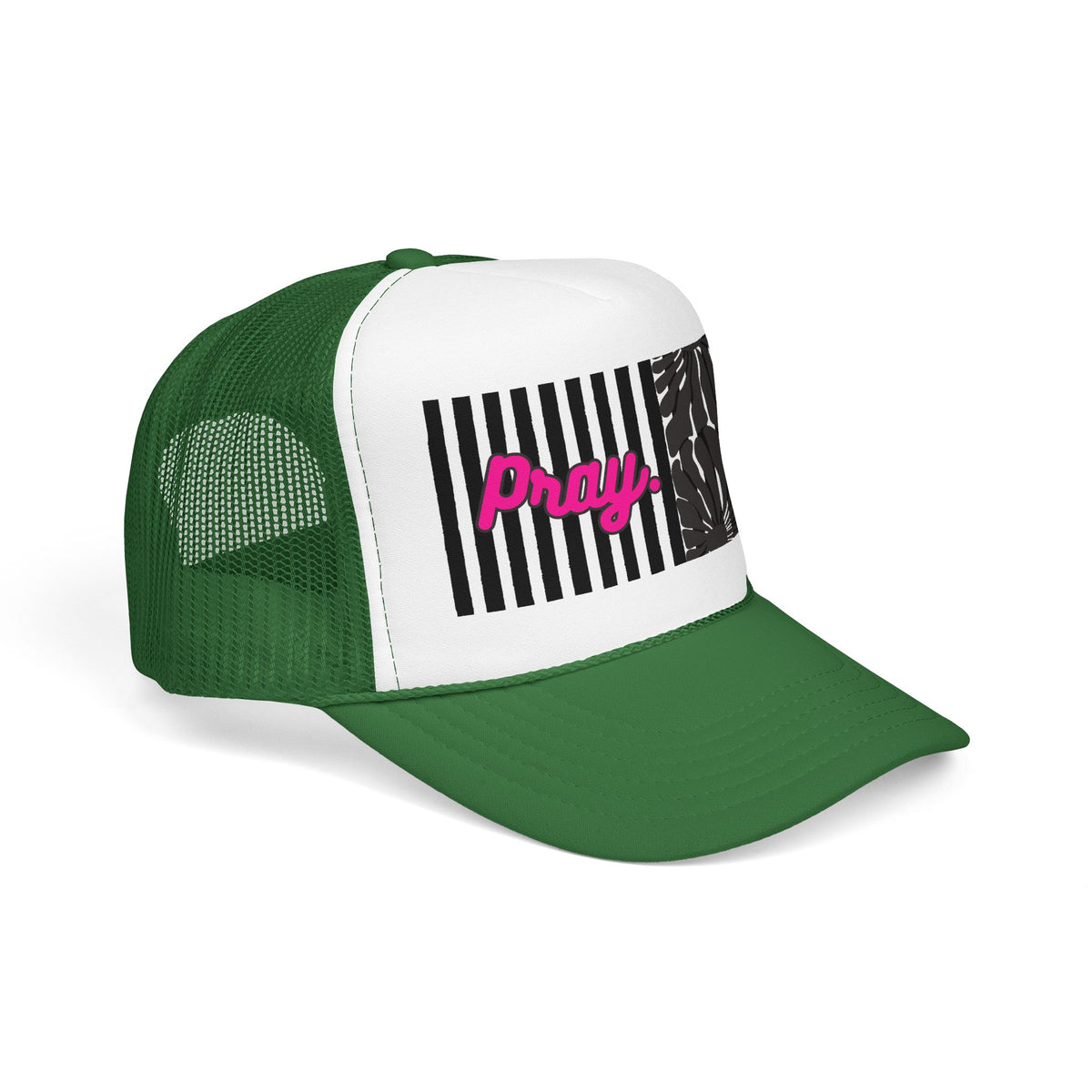 Pray Pink Patch Trucker Hat — Black Foam Mesh Cap with Stripes & Floral Blocks