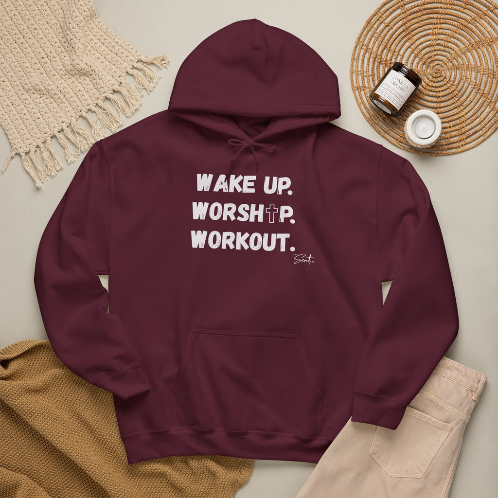 Wake Up. Worship. Workout. Hoodie — Faith & Fitness Motivational Pullover