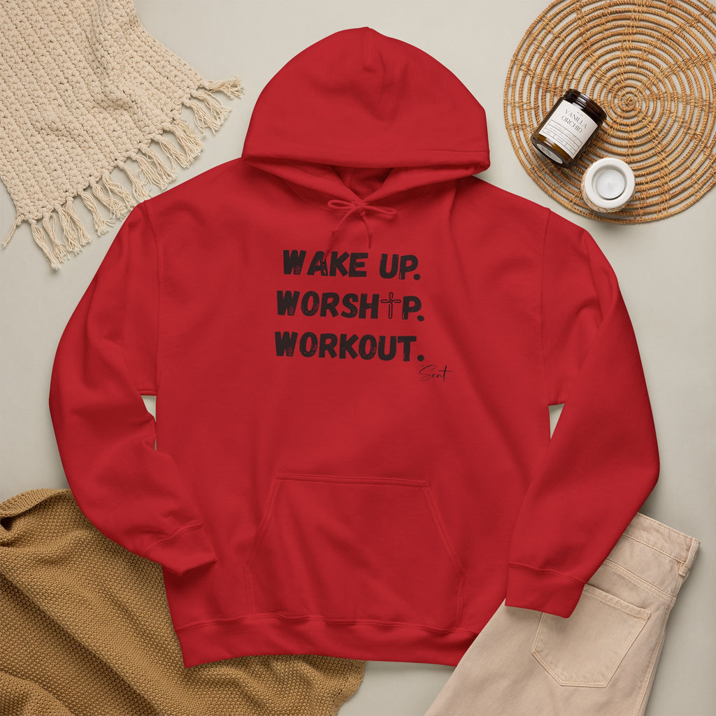 Wake Up. Worship. Workout. Hoodie — Faith & Fitness Motivational Pullover