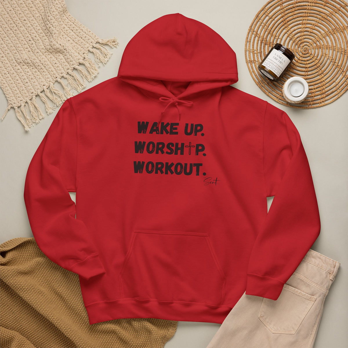 Wake Up. Worship. Workout. Hoodie — Faith & Fitness Motivational Pullover
