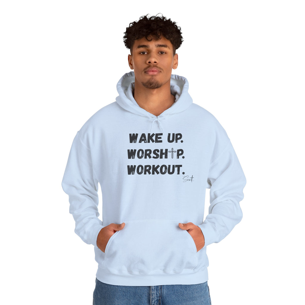 Wake Up. Worship. Workout. Hoodie — Faith & Fitness Motivational Pullover