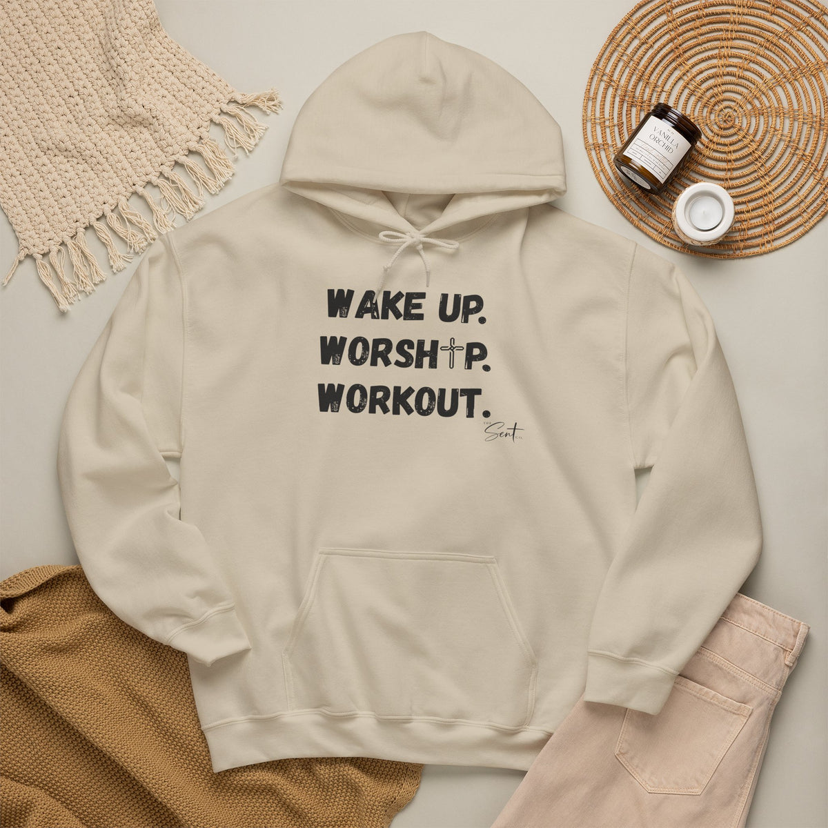 Wake Up. Worship. Workout. Hoodie — Faith & Fitness Motivational Pullover