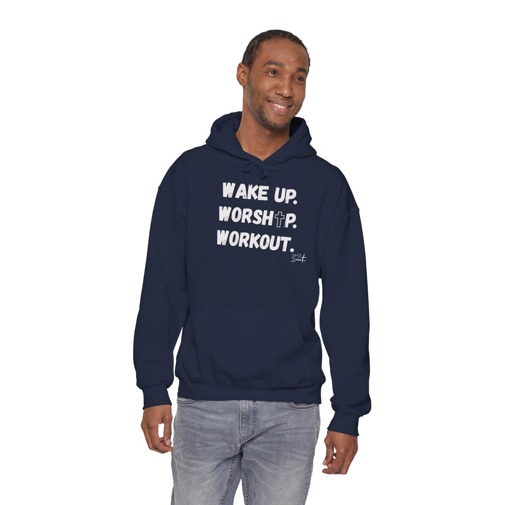 Wake Up. Worship. Workout. Hoodie — Faith & Fitness Motivational Pullover