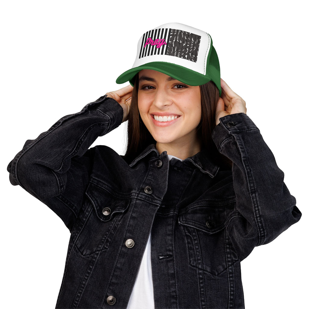 Pray Pink Patch Trucker Hat — Black Foam Mesh Cap with Stripes & Floral Blocks
