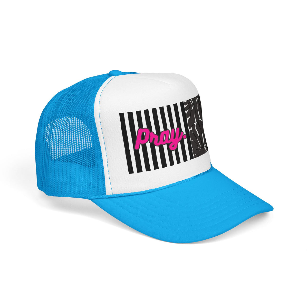 Pray Pink Patch Trucker Hat — Black Foam Mesh Cap with Stripes & Floral Blocks
