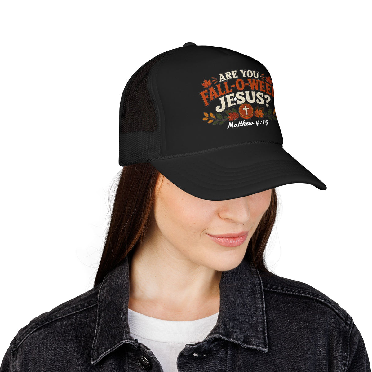 Are You Fall-O-Ween Jesus? Foam Trucker Hat – Christian Fall Pumpkin Scripture (Matthew 4:19)