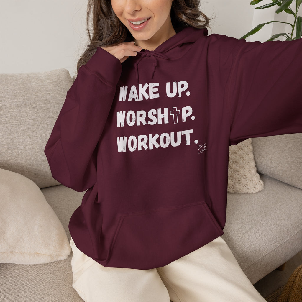 Wake Up. Worship. Workout. Hoodie — Faith & Fitness Motivational Pullover