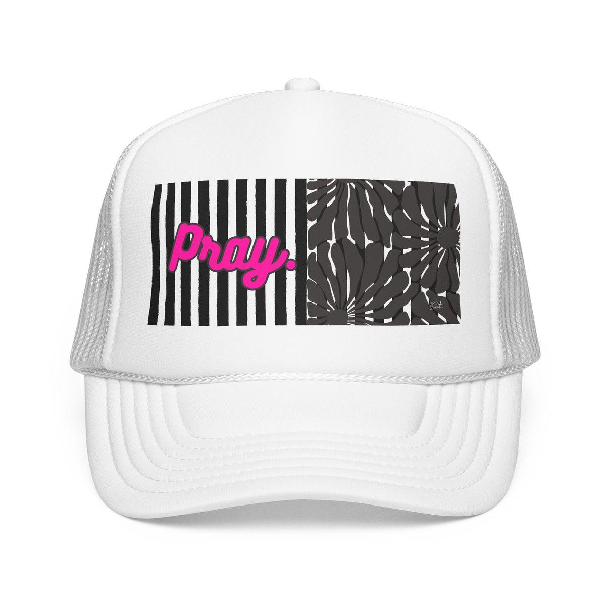 Pray Pink Patch Trucker Hat — Black Foam Mesh Cap with Stripes & Floral Blocks