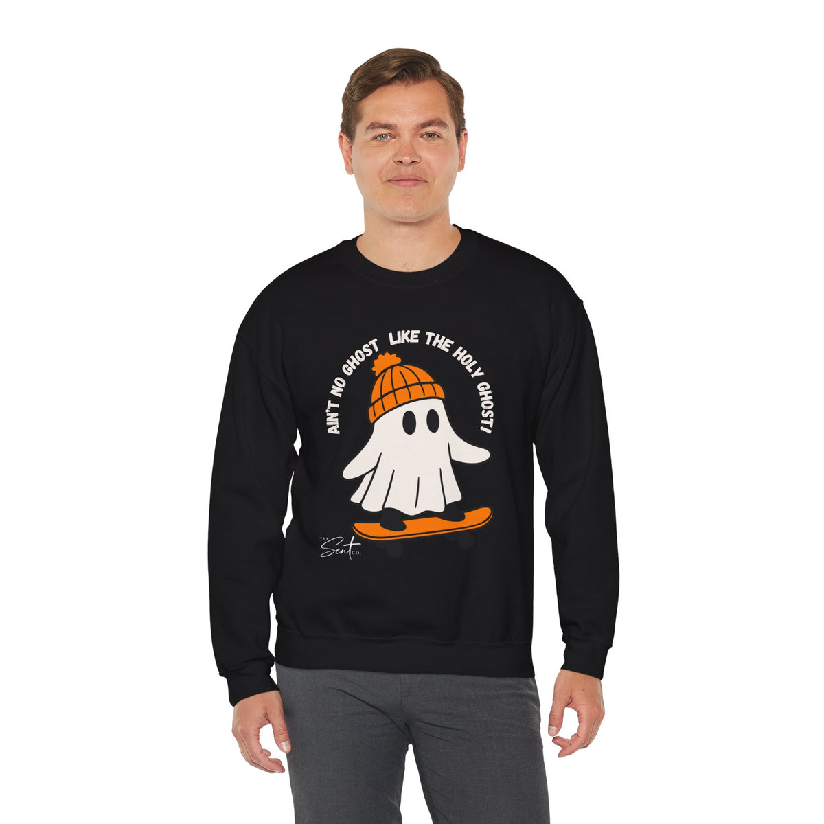 Ghost Skateboarder Sweatshirt — "Ain't No Ghost Like The Holy Ghost" Cozy Crewneck