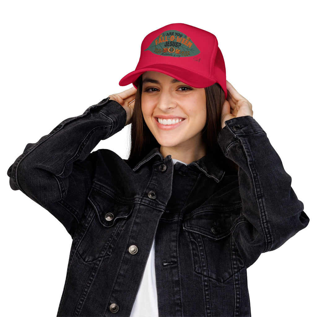 Are You Fall-O-Ween Jesus? Foam Trucker Hat – Christian Fall Pumpkin Scripture (Matthew 4:19)