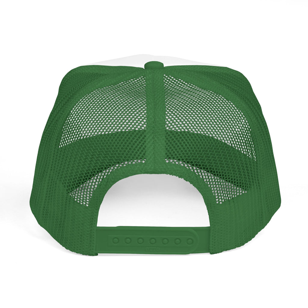 Pray Pink Patch Trucker Hat — Black Foam Mesh Cap with Stripes & Floral Blocks