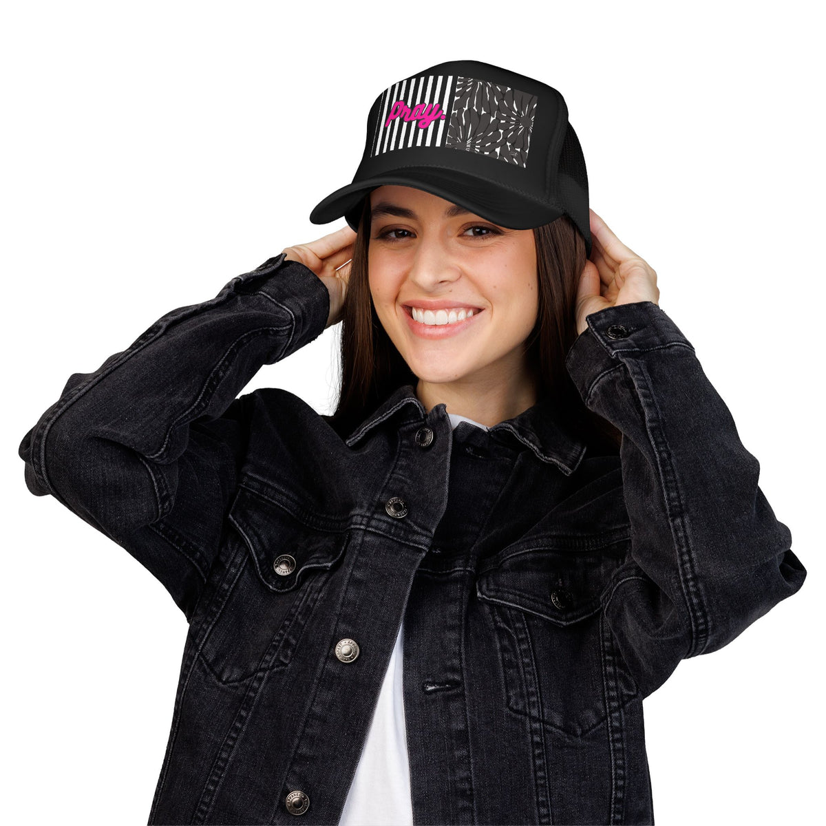 Pray Pink Patch Trucker Hat — Black Foam Mesh Cap with Stripes & Floral Blocks