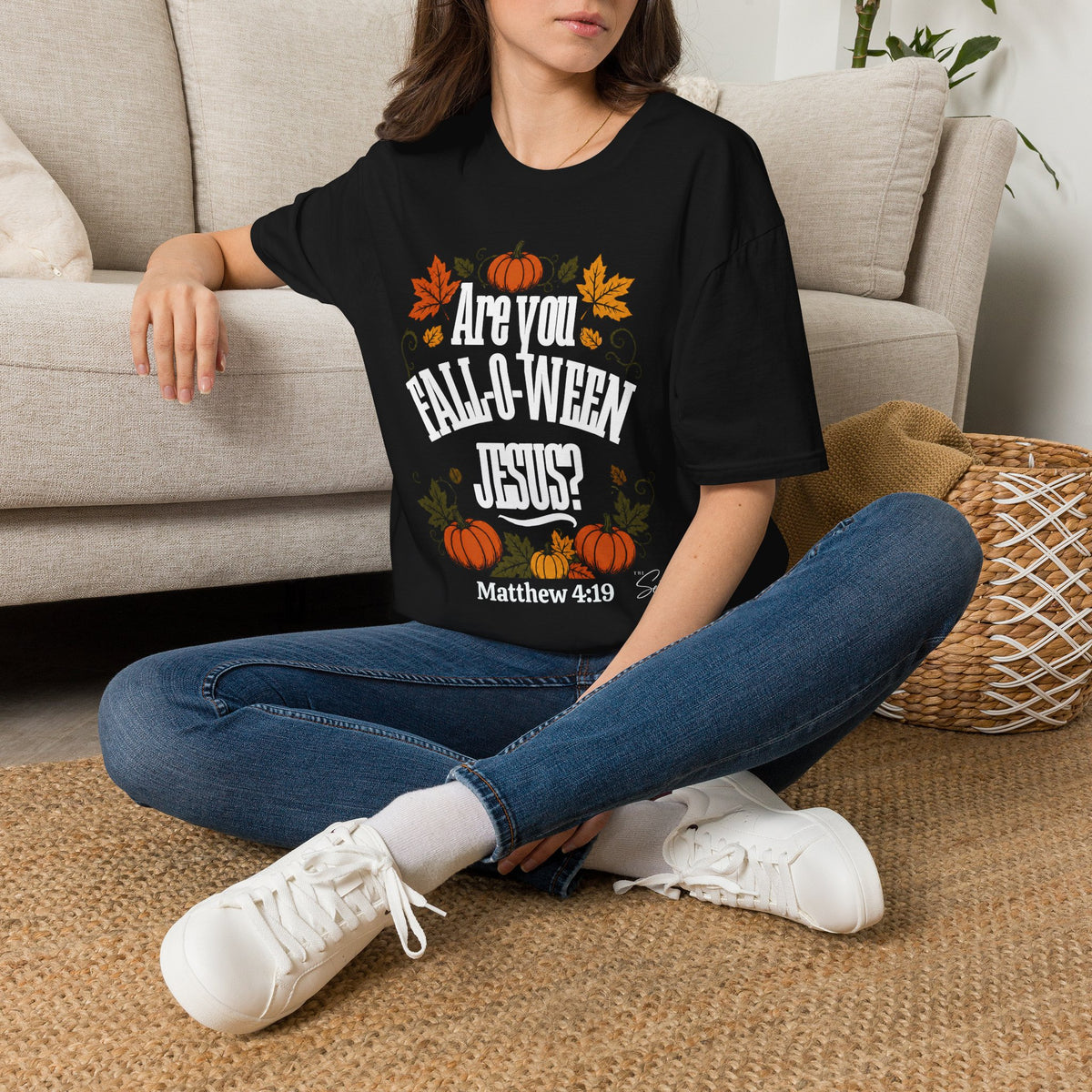 Christian Halloween T-Shirt – “Are You Fall-o-ween Jesus? Matthew 4:19” Autumn Pumpkin Tee