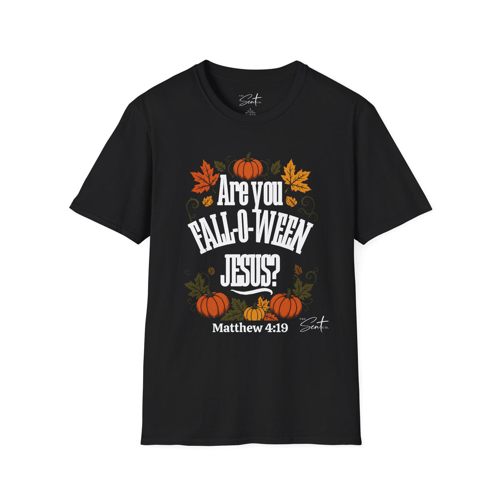 Christian Halloween T-Shirt – “Are You Fall-o-ween Jesus? Matthew 4:19” Autumn Pumpkin Tee