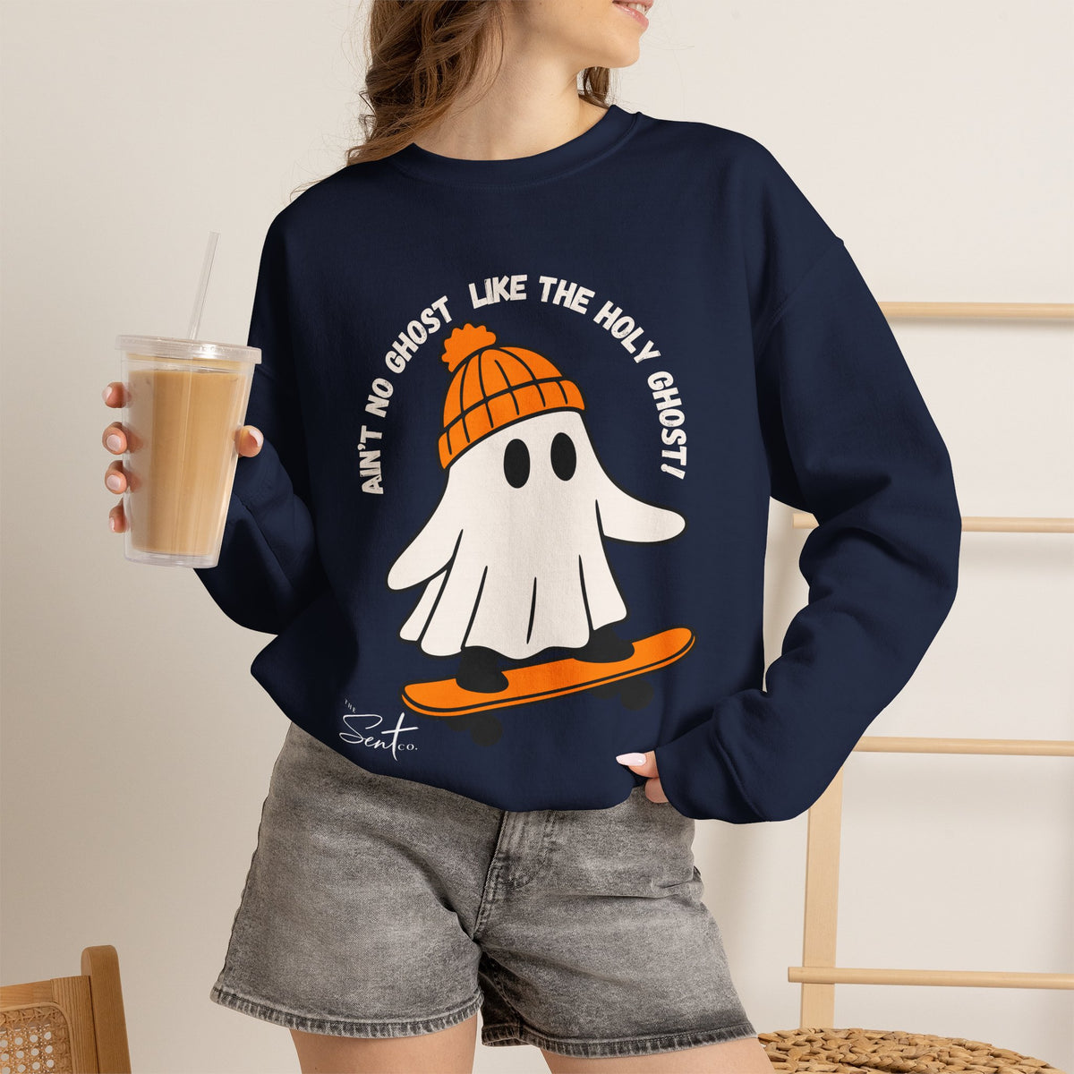 Ghost Skateboarder Sweatshirt — "Ain't No Ghost Like The Holy Ghost" Cozy Crewneck