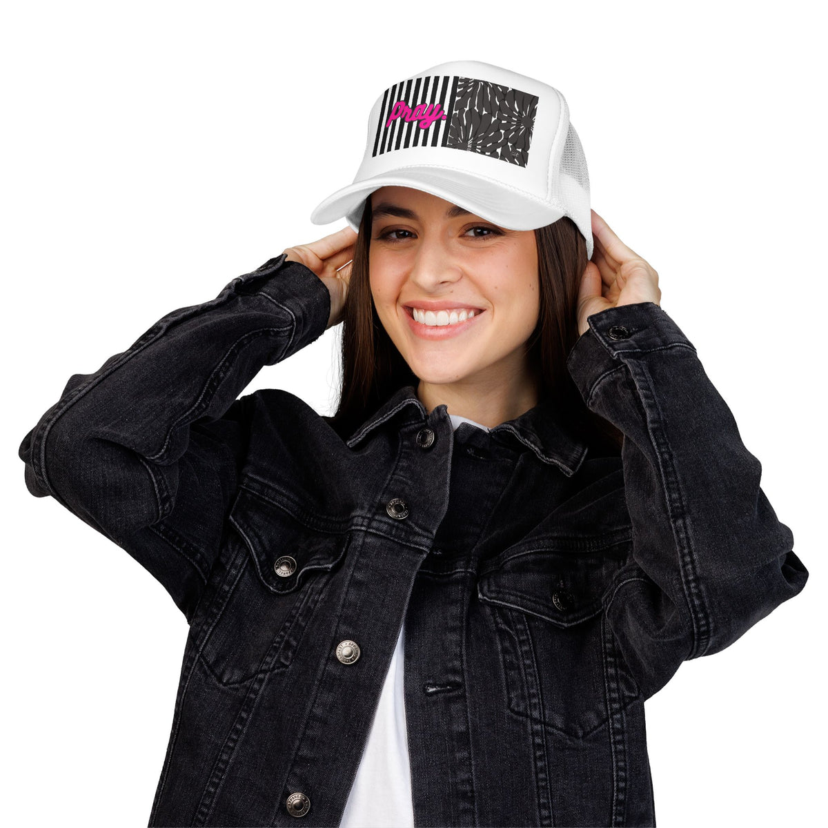 Pray Pink Patch Trucker Hat — Black Foam Mesh Cap with Stripes & Floral Blocks