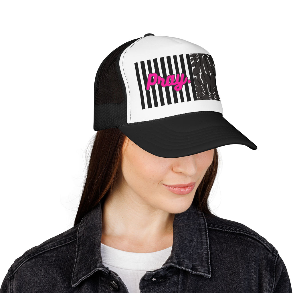 Pray Pink Patch Trucker Hat — Black Foam Mesh Cap with Stripes & Floral Blocks
