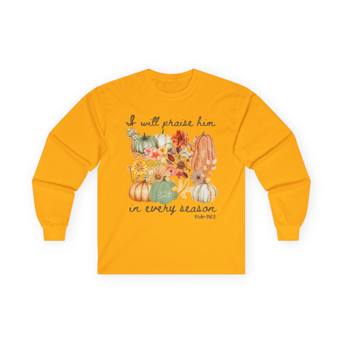 Praise Him in Every Season Long Sleeve Tee — Fall Pumpkin Floral Faith Shirt
