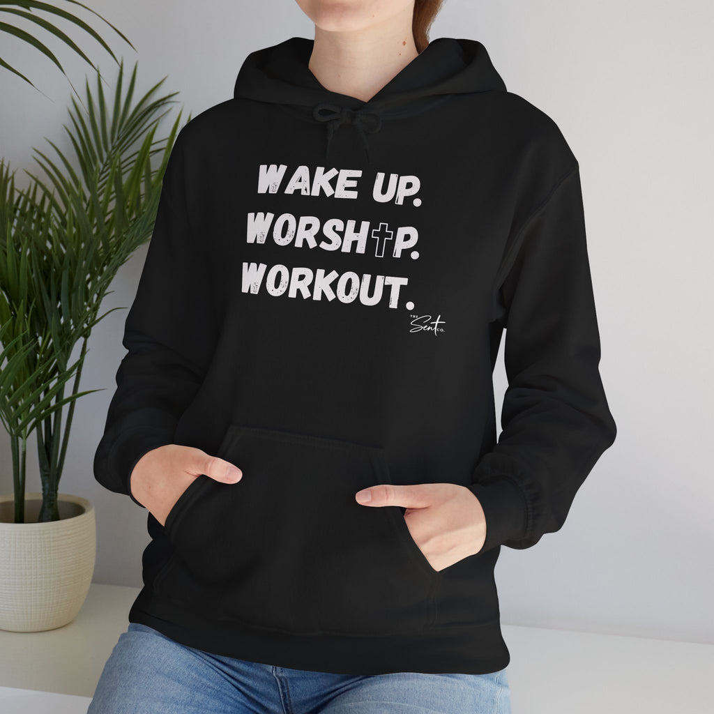 Wake Up. Worship. Workout. Hoodie — Faith & Fitness Motivational Pullover