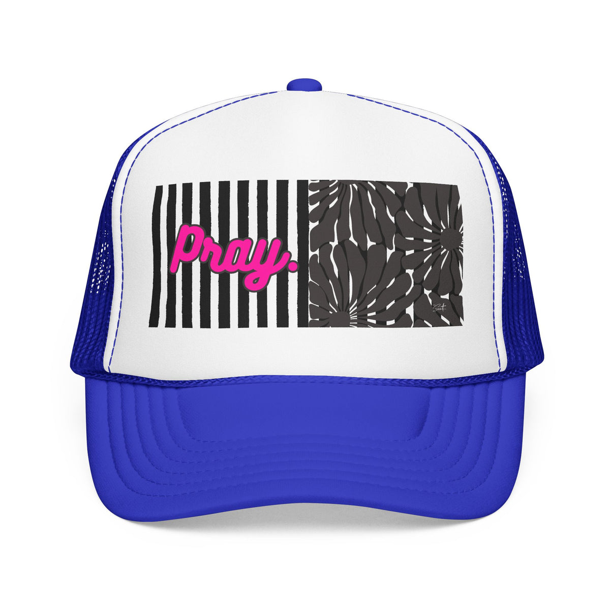 Pray Pink Patch Trucker Hat — Black Foam Mesh Cap with Stripes & Floral Blocks