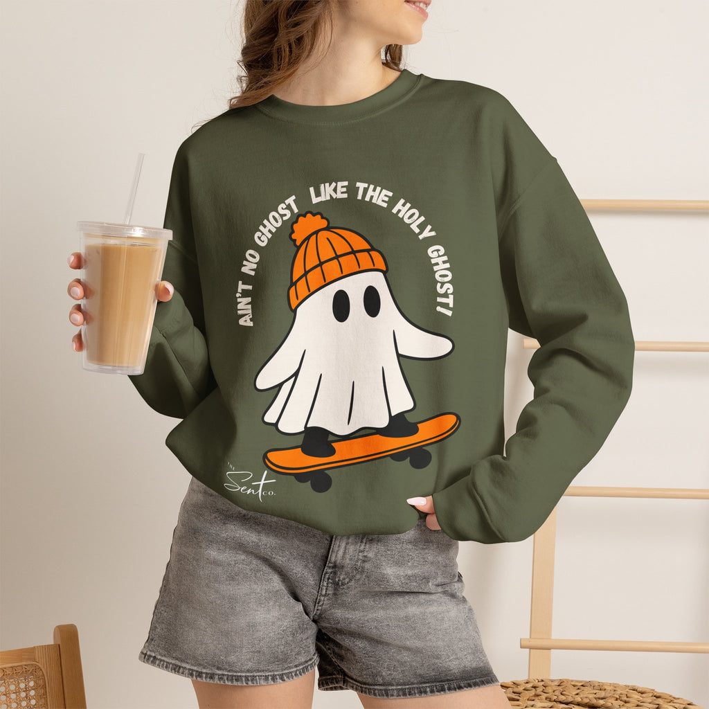 Ghost Skateboarder Sweatshirt — "Ain't No Ghost Like The Holy Ghost" Cozy Crewneck