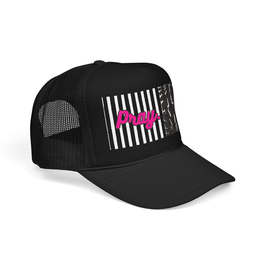 Pray Pink Patch Trucker Hat — Black Foam Mesh Cap with Stripes & Floral Blocks