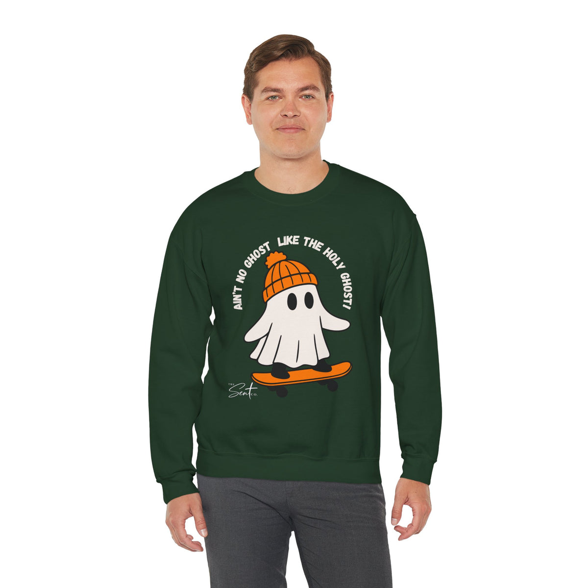 Ghost Skateboarder Sweatshirt — "Ain't No Ghost Like The Holy Ghost" Cozy Crewneck