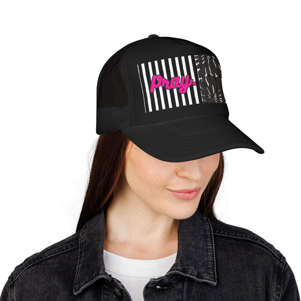 Pray Pink Patch Trucker Hat — Black Foam Mesh Cap with Stripes & Floral Blocks