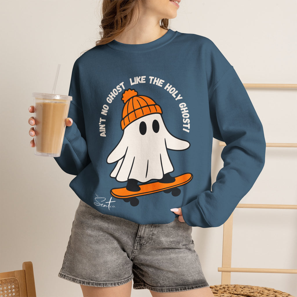 Ghost Skateboarder Sweatshirt — "Ain't No Ghost Like The Holy Ghost" Cozy Crewneck